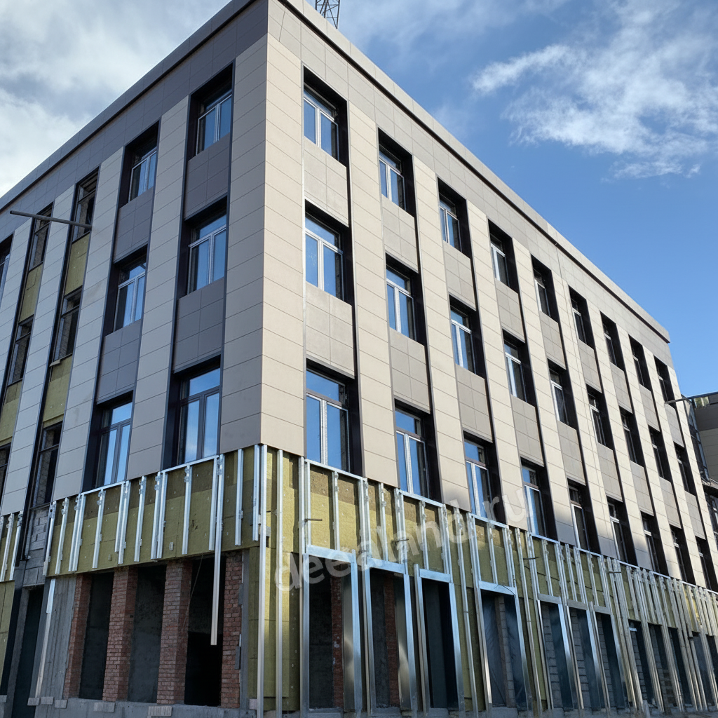 Бесплатный проект вентилируемого фасада: детали конструкции подсистемы и облицовки на реальном объекте